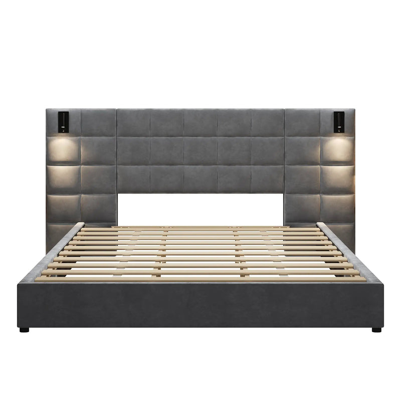 King Size Upholstered Bed Frame with Wall Sconce and USB Port by HouseOfZazla