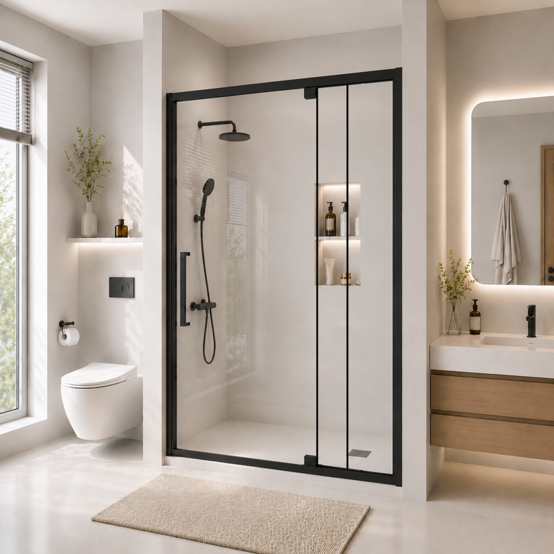 Semi-Frameless Pivot Hinged Glass Shower Door 56-60 in W x 72 in H, Matte Black by HouseOfZazla