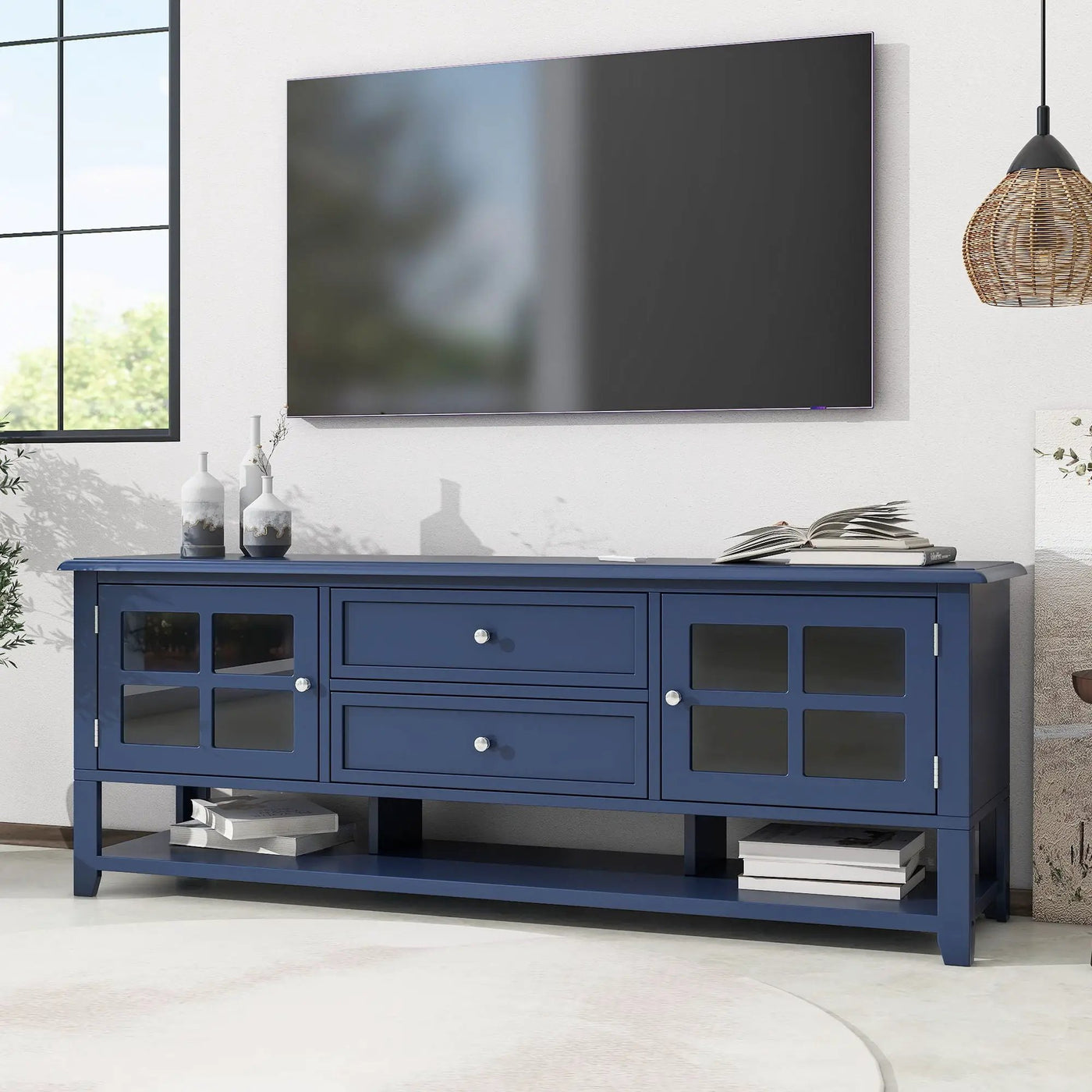 TV Stand, Entertainment Center With Dual Drawers And Hidden Storage, Cabinet With Soft Closing Doors And Sleek Panel Design by HouseOfZazla