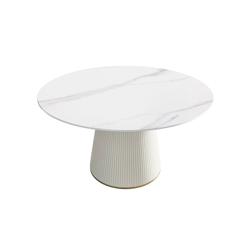 Modern Artificial Stone Round Plywood Base Dining Table, Can Accommodate 6 People, (Not Including Chairs) - White / Beige by HouseOfZazla