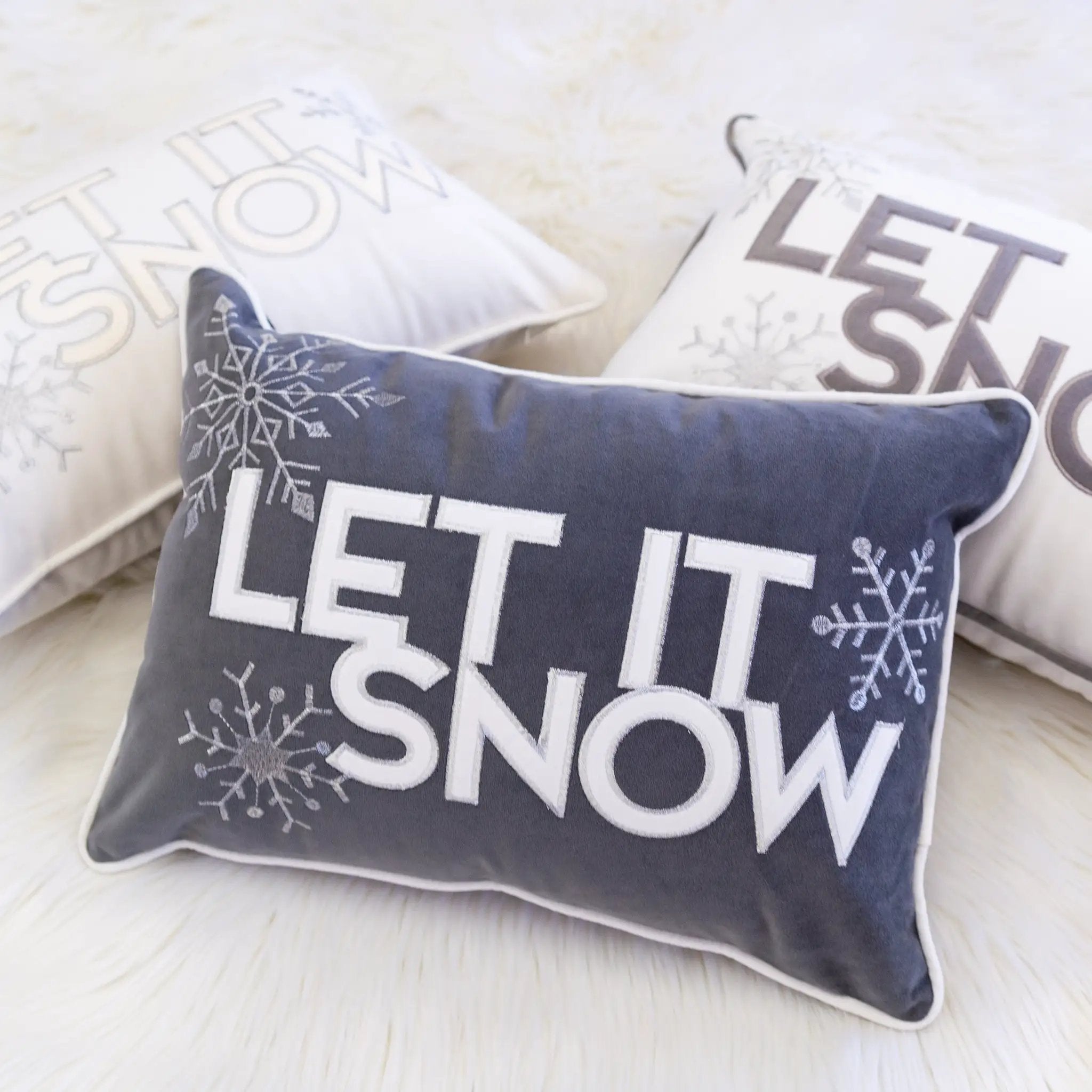 Nneka Let It Snow Gray Velvet Lumbar Pillow with Insert 14x20 by HouseOfZazla