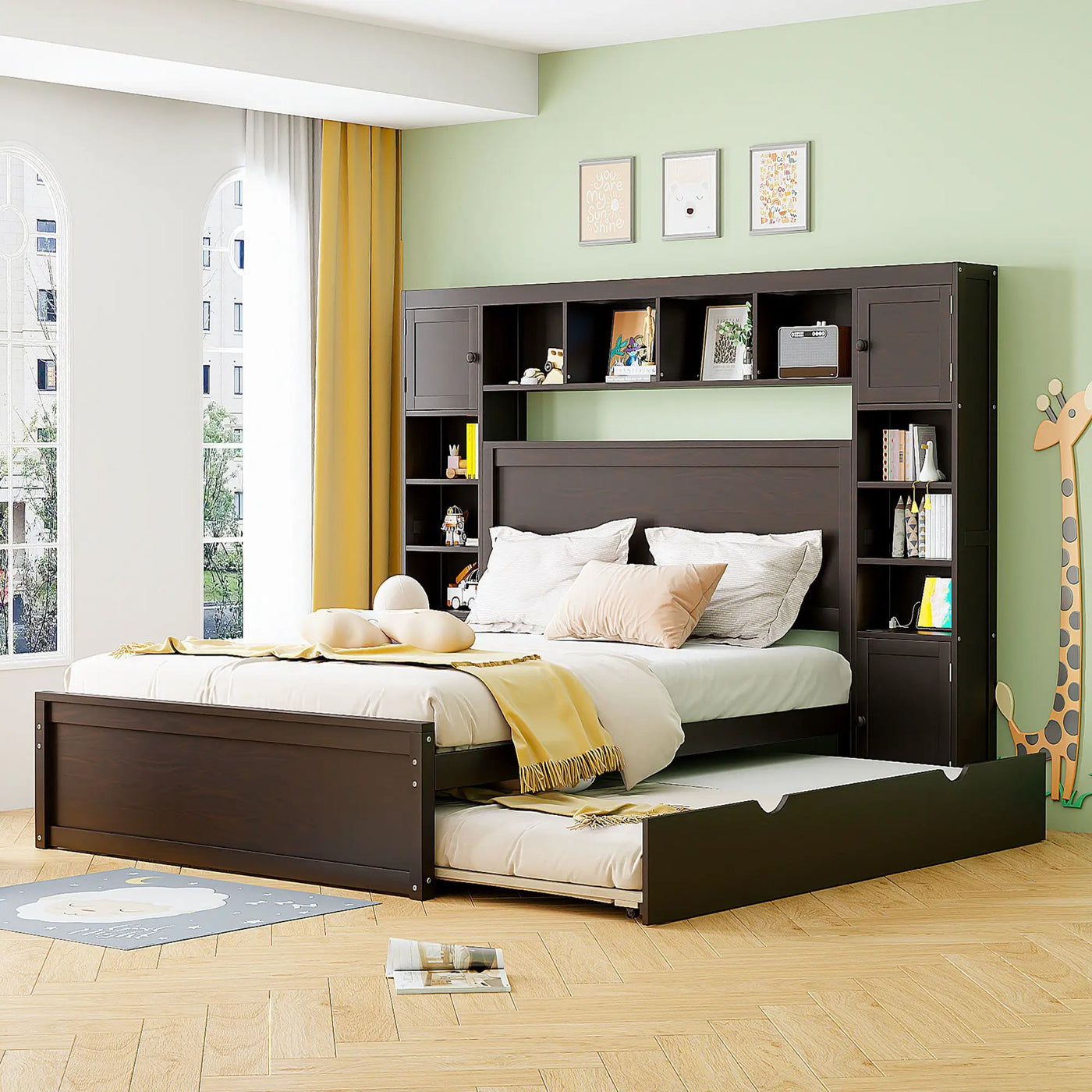 Bed With All In One Cabinet, Shelf And Sockets, Twin Long Trundle by HouseOfZazla