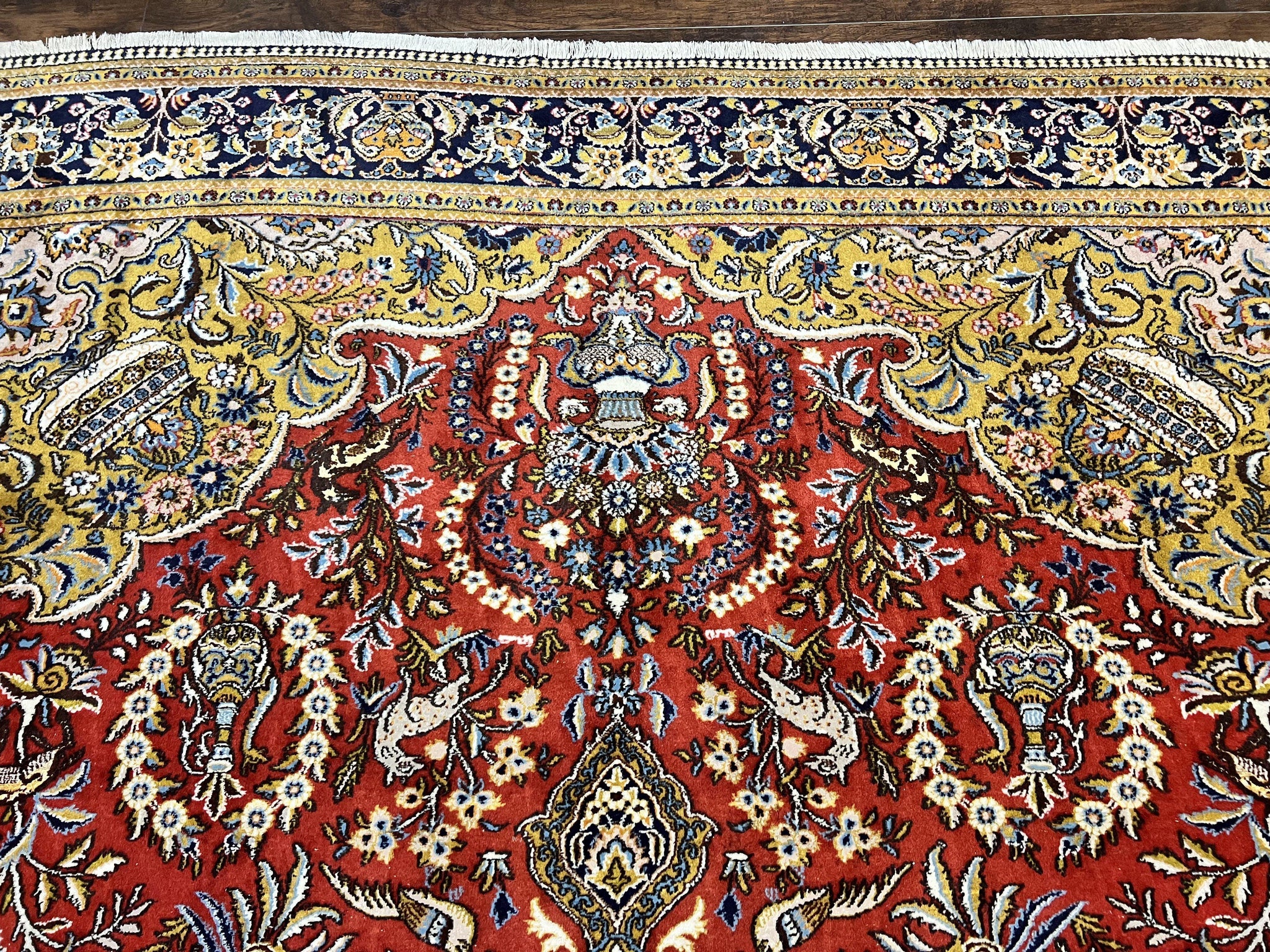 Wonderful Persian Qum Rug 10x14, Wool w/ Silk Highlights, Hand Knotted Semi Antique Vintage Carpet, Red, Floral, Fine Weave, Birds Deer Pictorials by Jewel Rugs