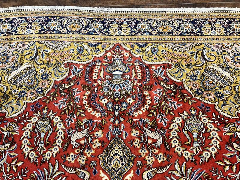 Wonderful Persian Qum Rug 10x14, Wool w/ Silk Highlights, Hand Knotted Semi Antique Vintage Carpet, Red, Floral, Fine Weave, Birds Deer Pictorials by Jewel Rugs