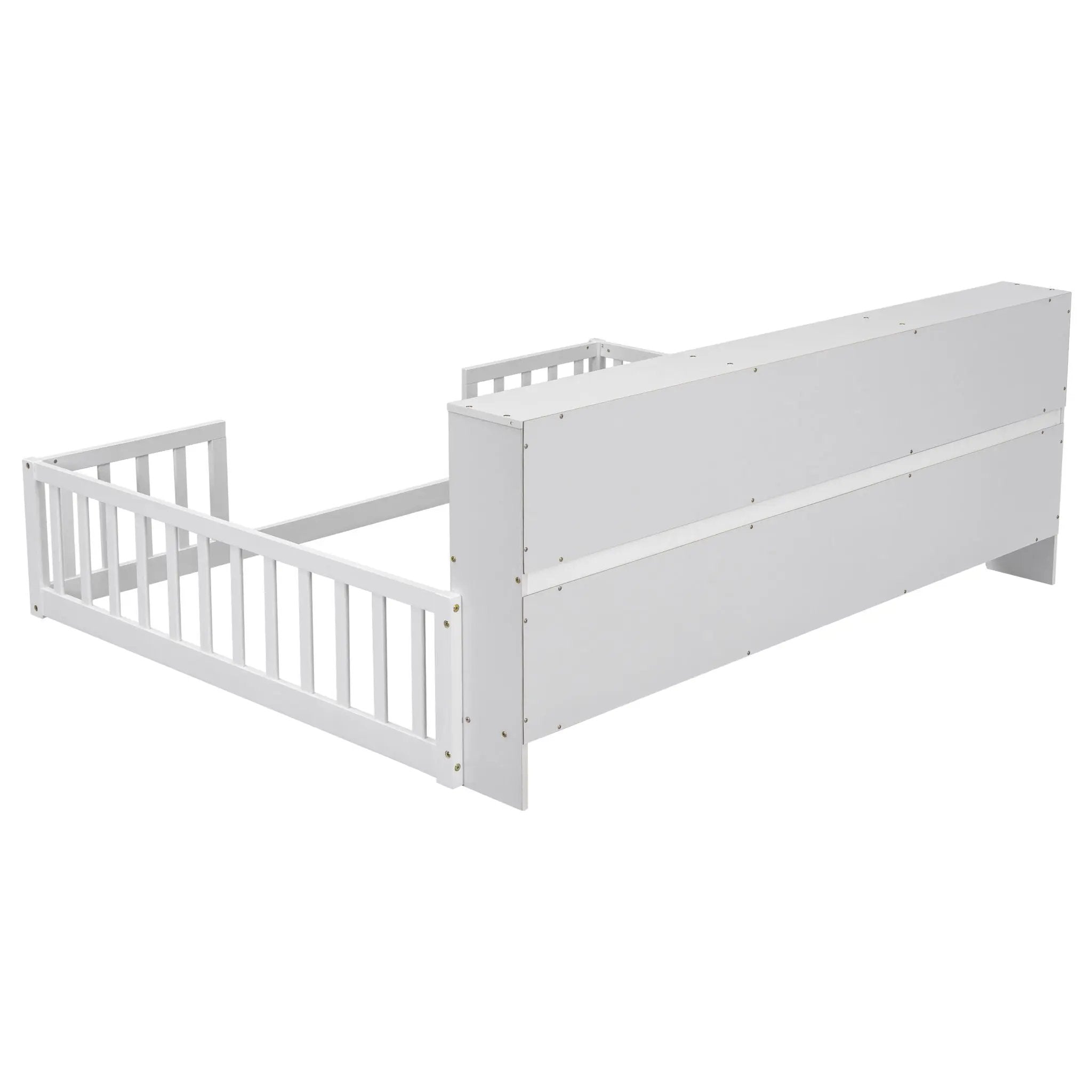 Floor Bed With Side Bookcase, Shelves, Guardrails by HouseOfZazla
