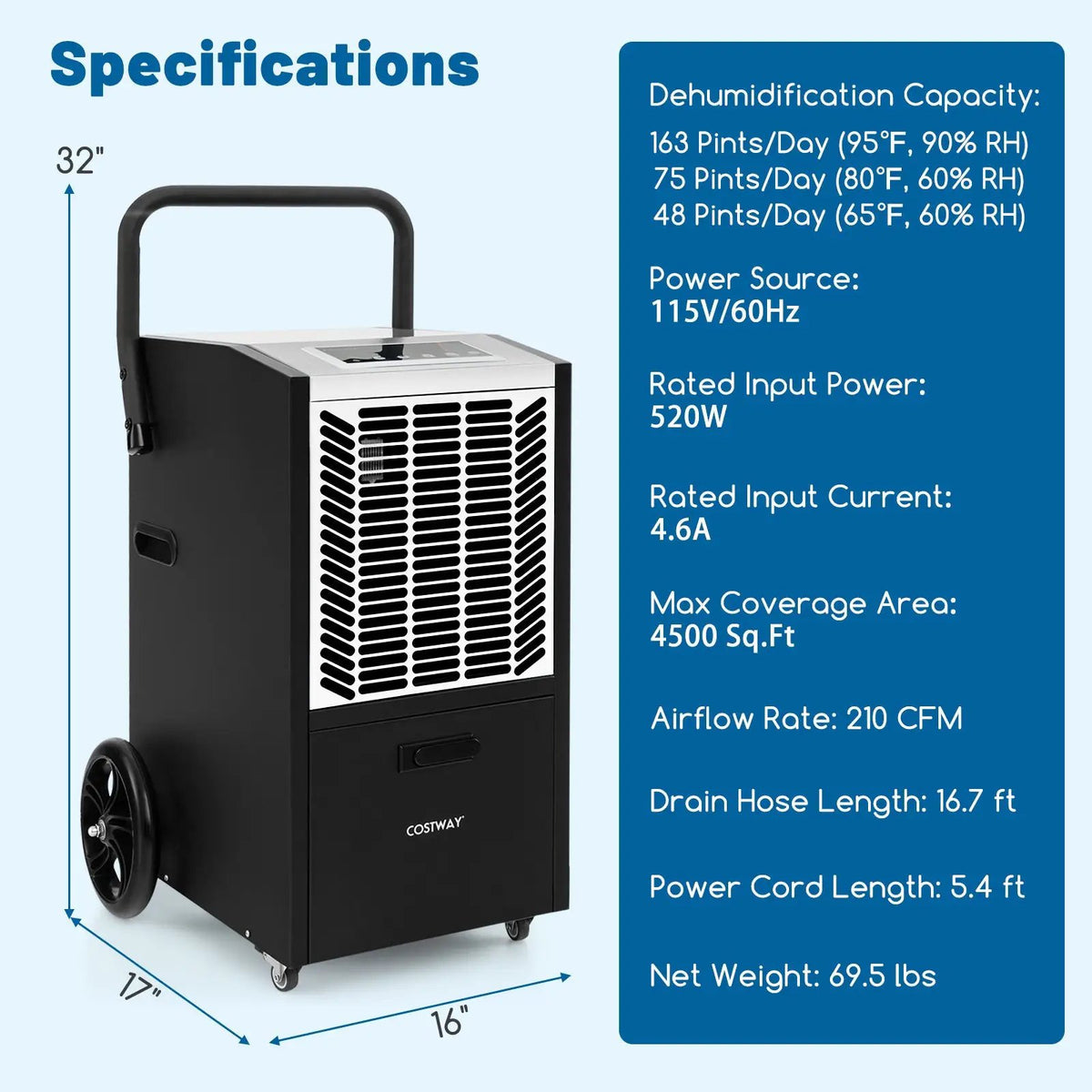 140 Pints Commercial Dehumidifier Crawl Space Dehumidifier with Pump and Drain Hose by DirectDeals