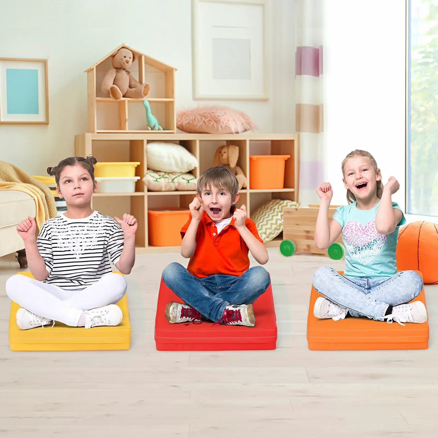 6 Pieces 15 Inches Square Toddler Floor Cushions Flexible Soft Foam Seating with Handles by DirectDeals