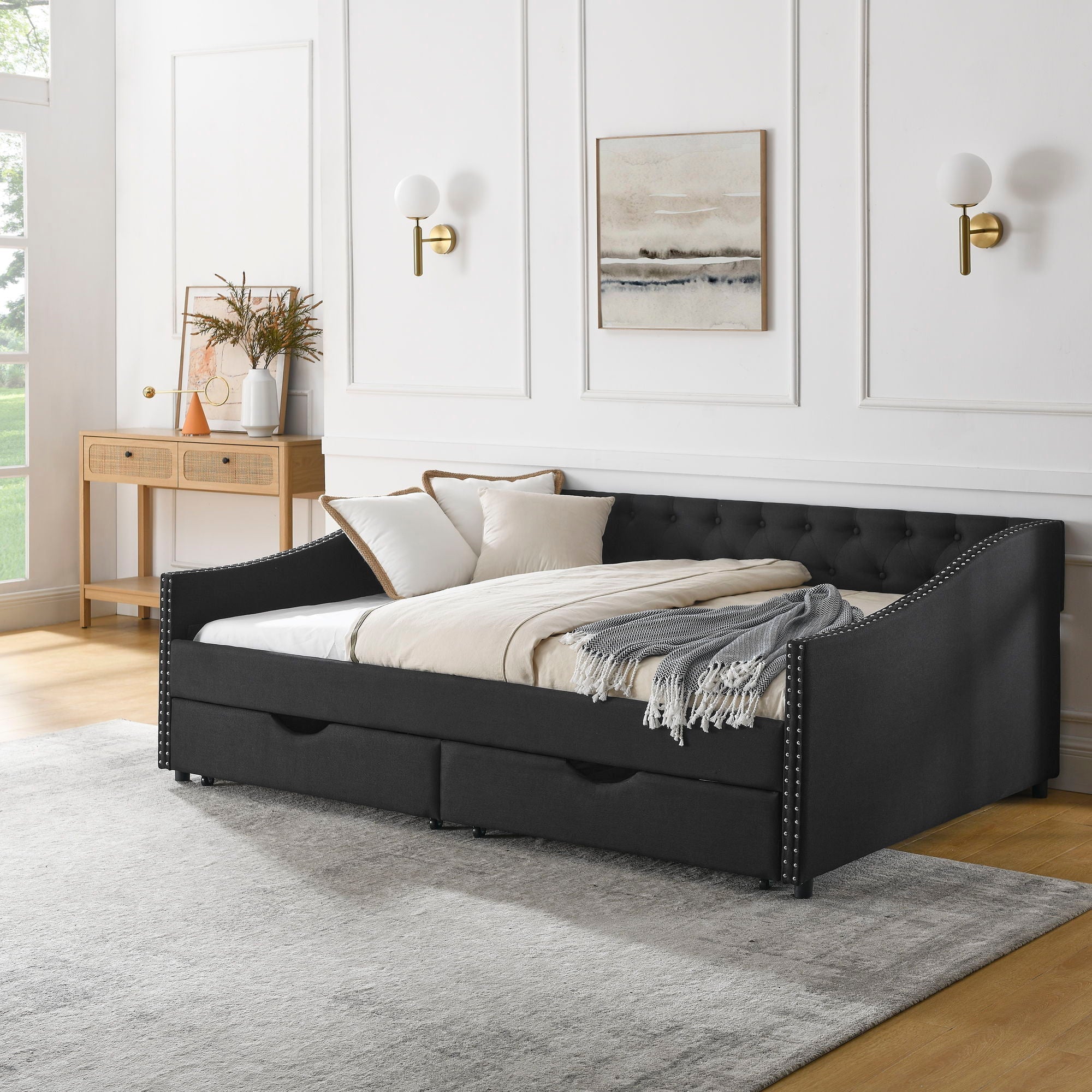 Upholstered Tufted Daybed With 2 Drawers, Waved Arms by Unique Piece Furniture