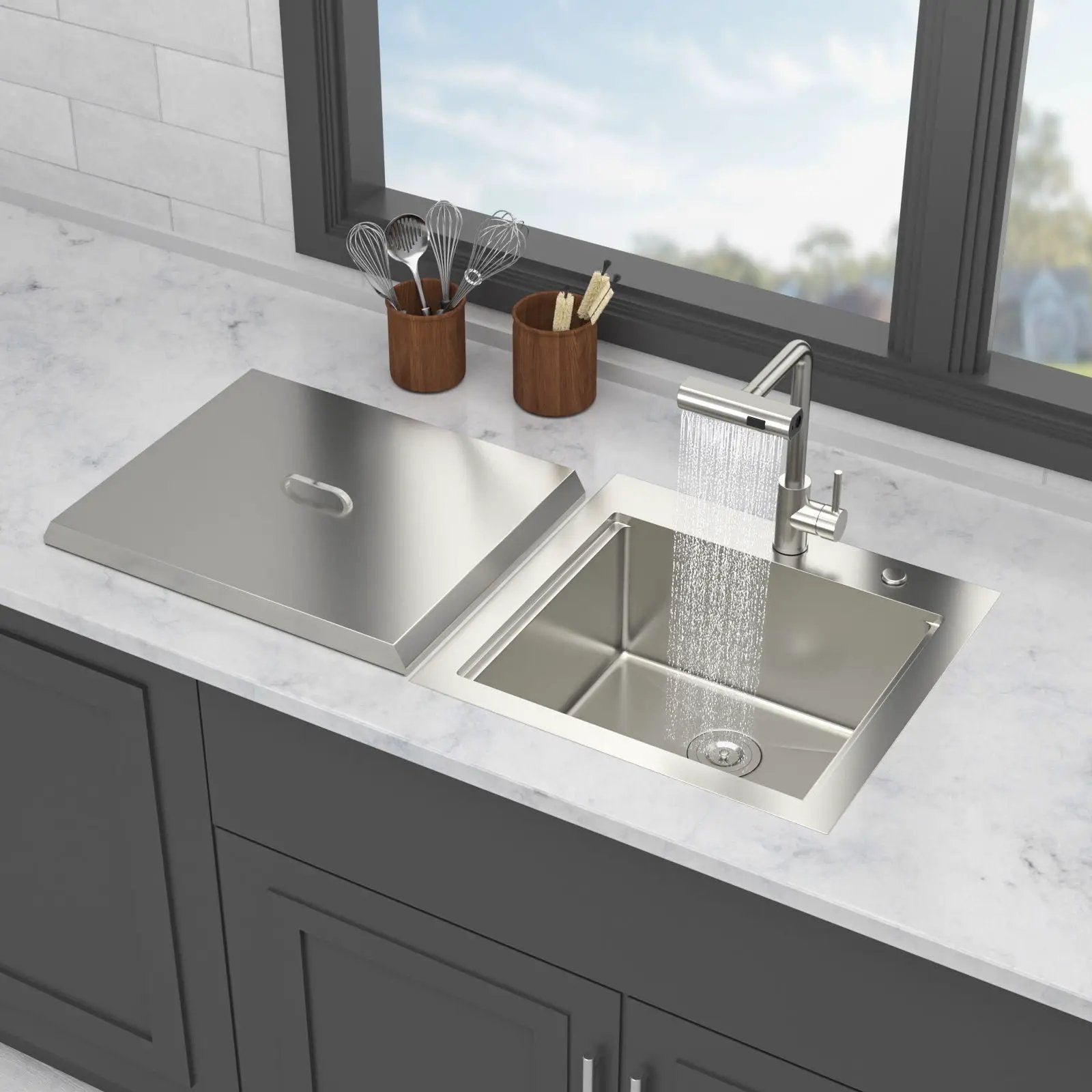 21" Drop In Kitchen Sink With Pull Out Faucet And Sink Cover, 16 Gauge - Brushed Nickel by HouseOfZazla