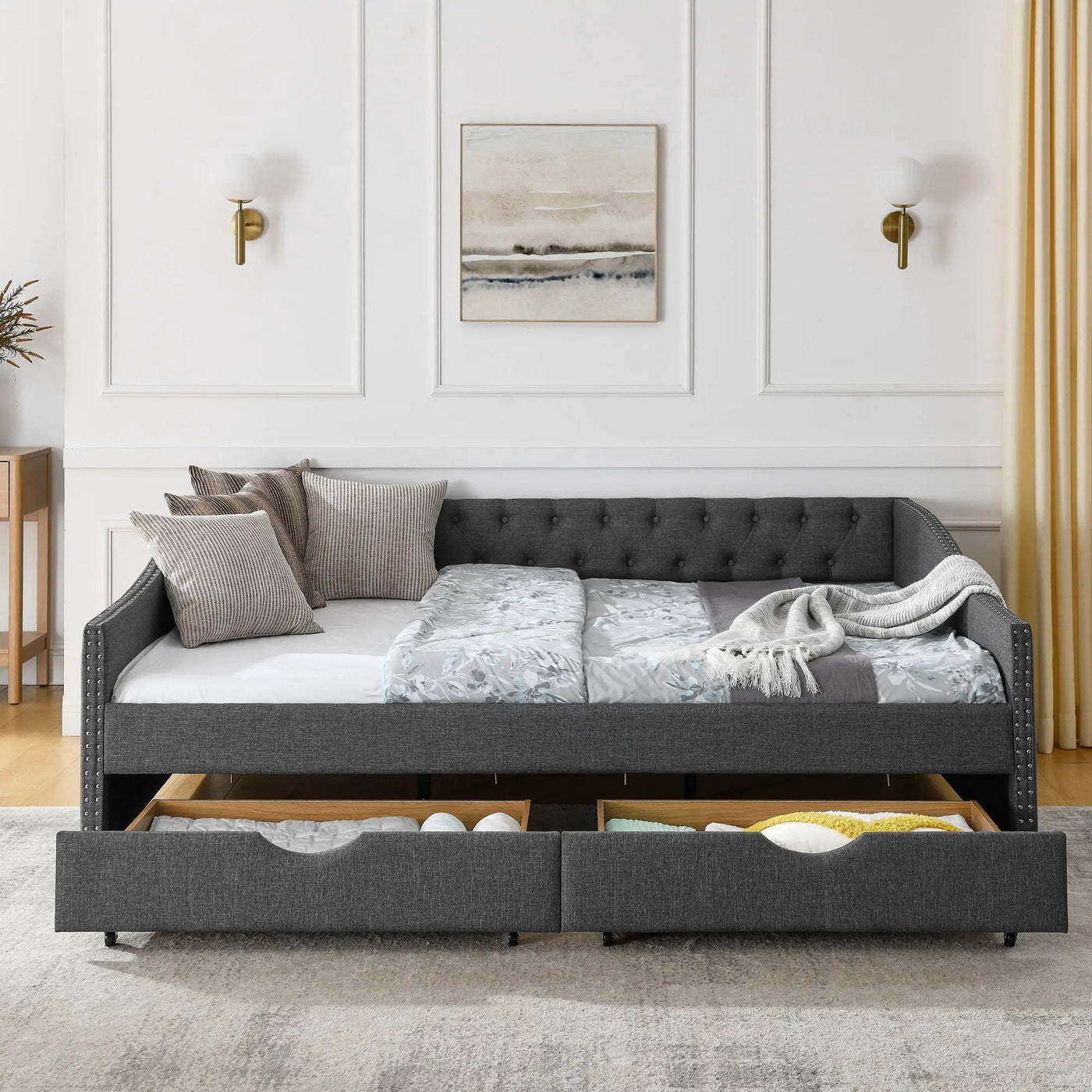 Upholstered Tufted Daybed With 2 Drawers, Waved Arms by HouseOfZazla