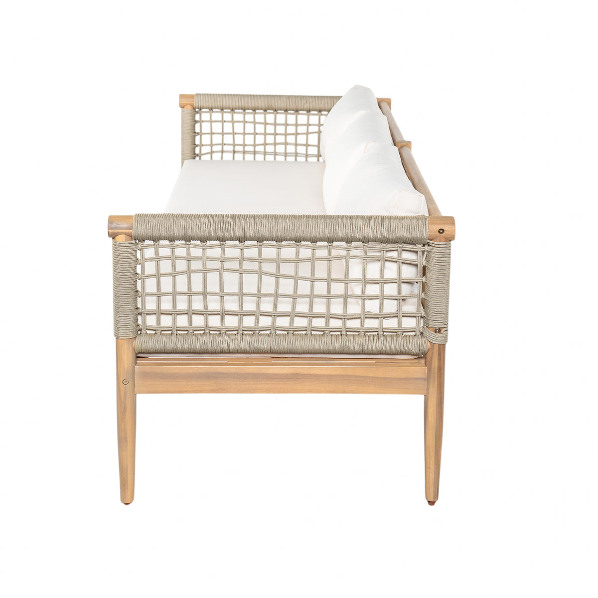 Outdoor Acacia Wood 3-Seater Sofa with Rope Woven Arms - Taupe, photo 5 of 10