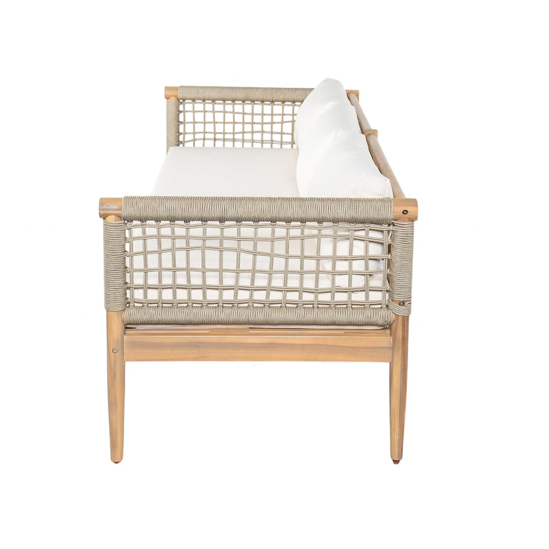 Outdoor Acacia Wood 3-Seater Sofa with Rope Woven Arms - Taupe, photo 5 of 10