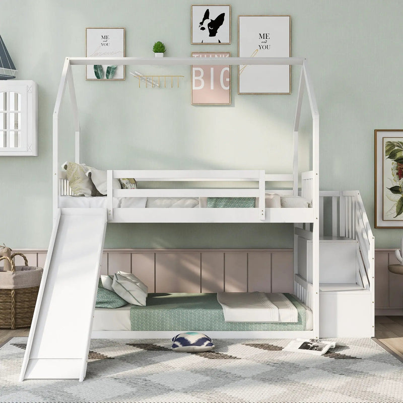 Twin Over Twin House Bunk Bed With Convertible Slide, Storage Staircase by Unique Piece Furniture
