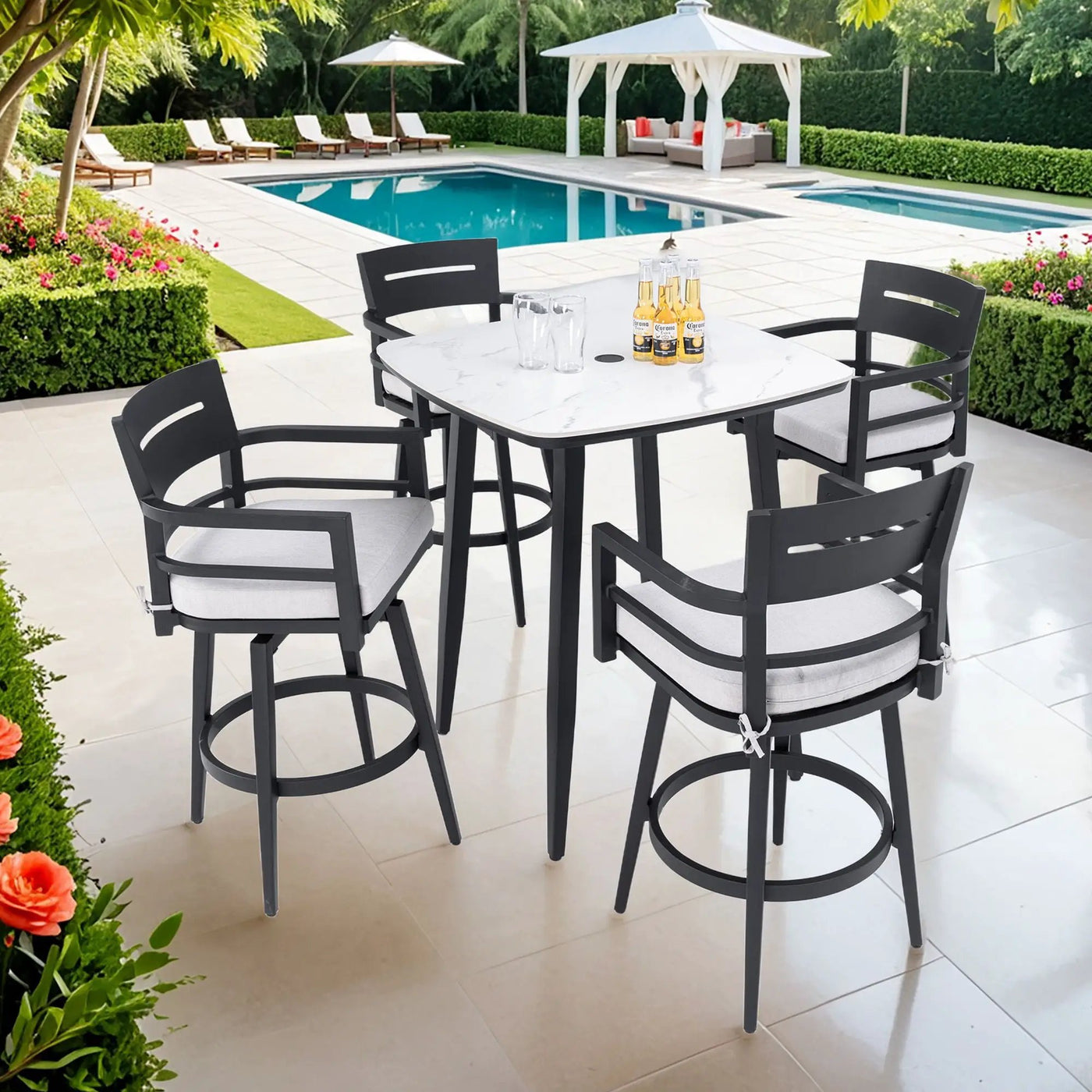 Modern Outdoor Patio Bar Set, Rounded Square Table & Bar Chairs, Non Rust Frame, Tapered Legs, Sunbrella Cushion by HouseOfZazla