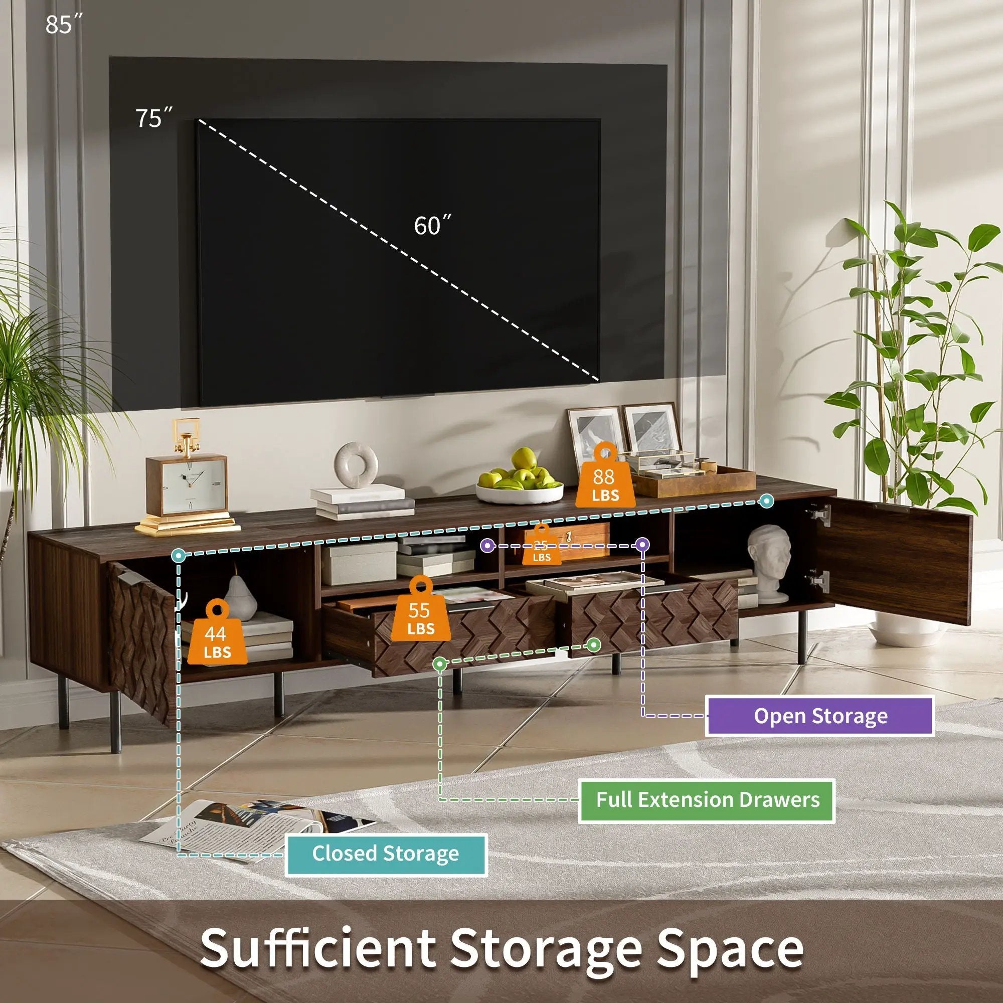 TV Stand For TVs Up To 85" With Closed Storage, Soft Closing Hinges, Living Room Entertainment Center - Walnut by Unique Piece Furniture