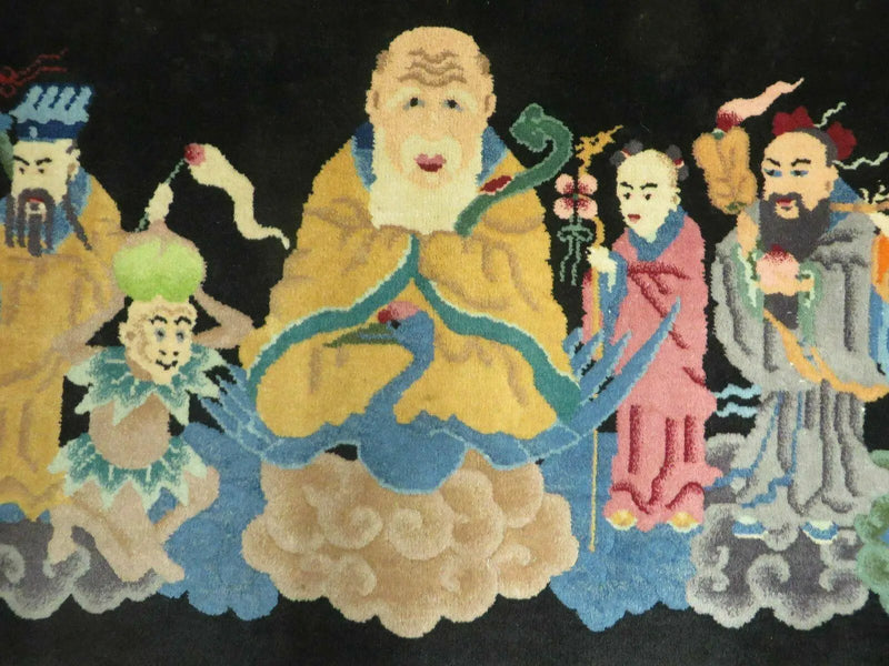 Chinese Wool Pictorial Rug 3x6 Counsel of Wise Elders Philosophers, Vintage Hand Knotted Black Chinese Carpet, Swan, Clouds Confucius, Rare by Jewel Rugs