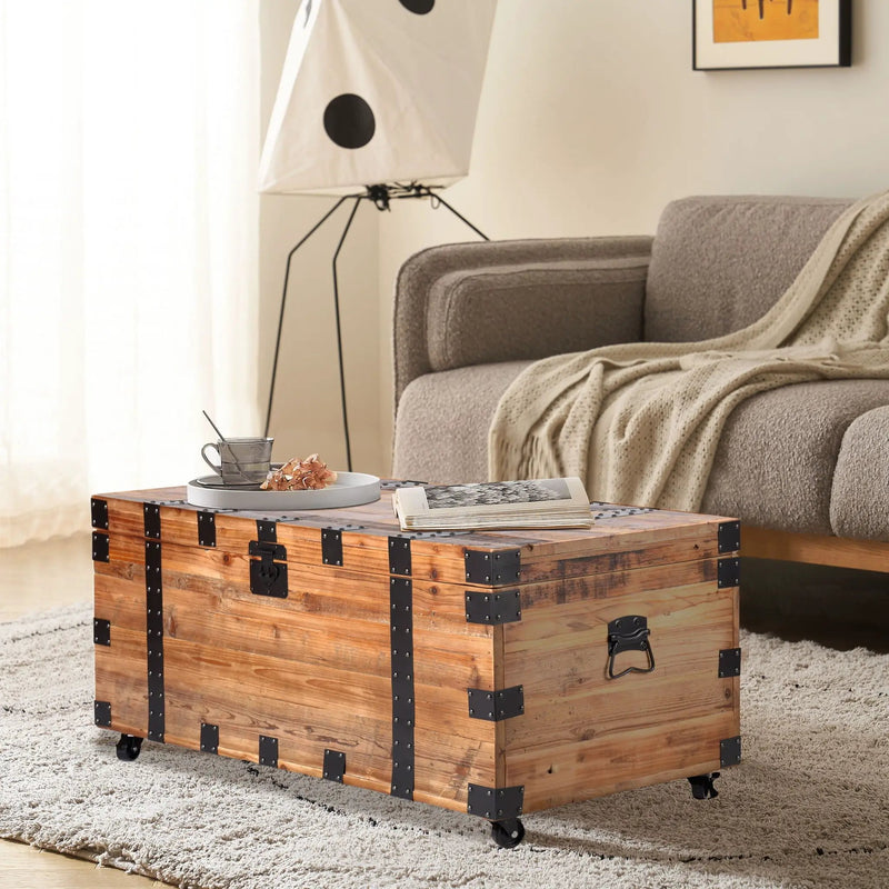 Trunk Table With Four Wheel Large Capacity Storage Coffee Table - Natural / Black by HouseOfZazla