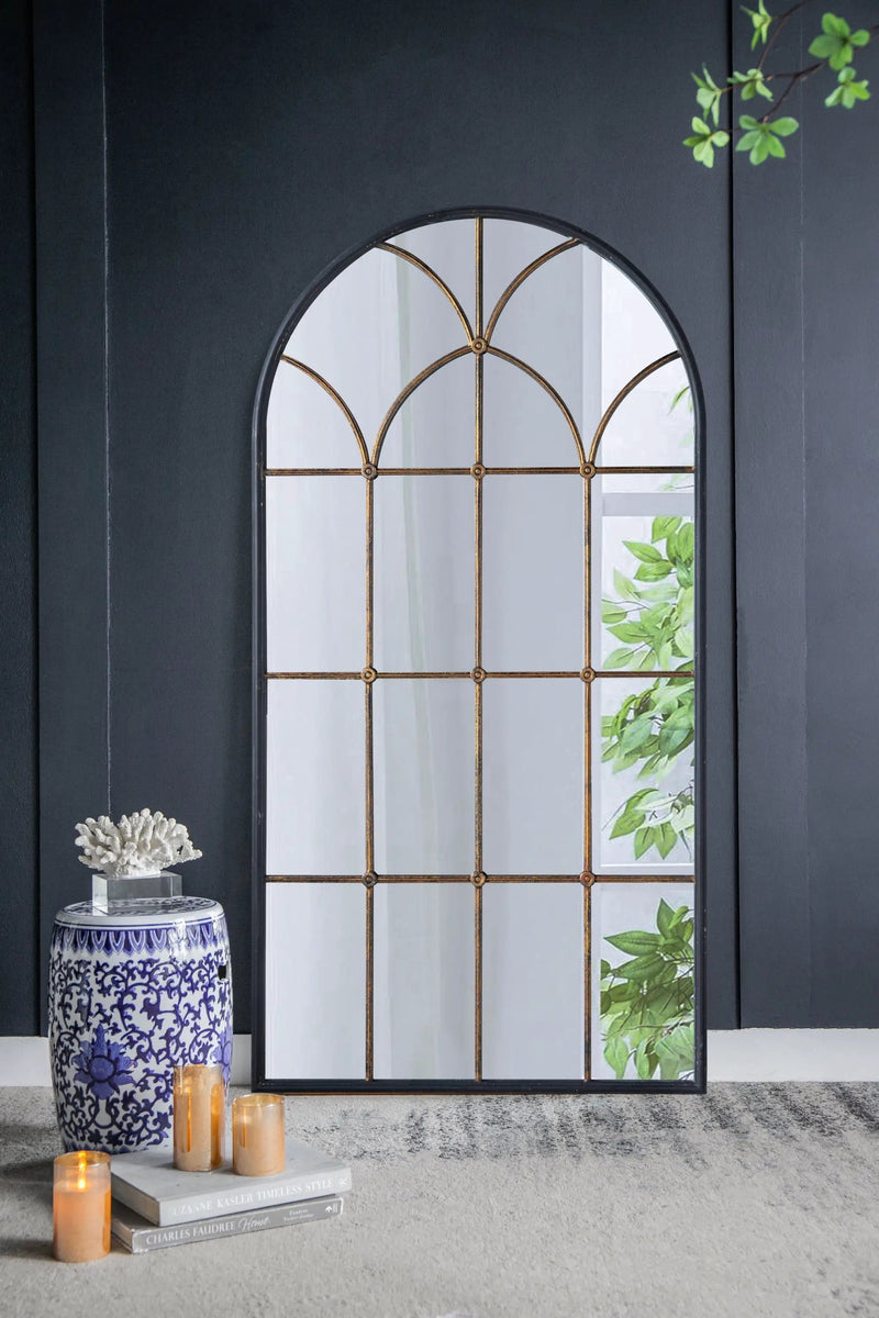 34x65.5' Arched Full-Length Mirror with Black and Gold Windowpane Design by HouseOfZazla