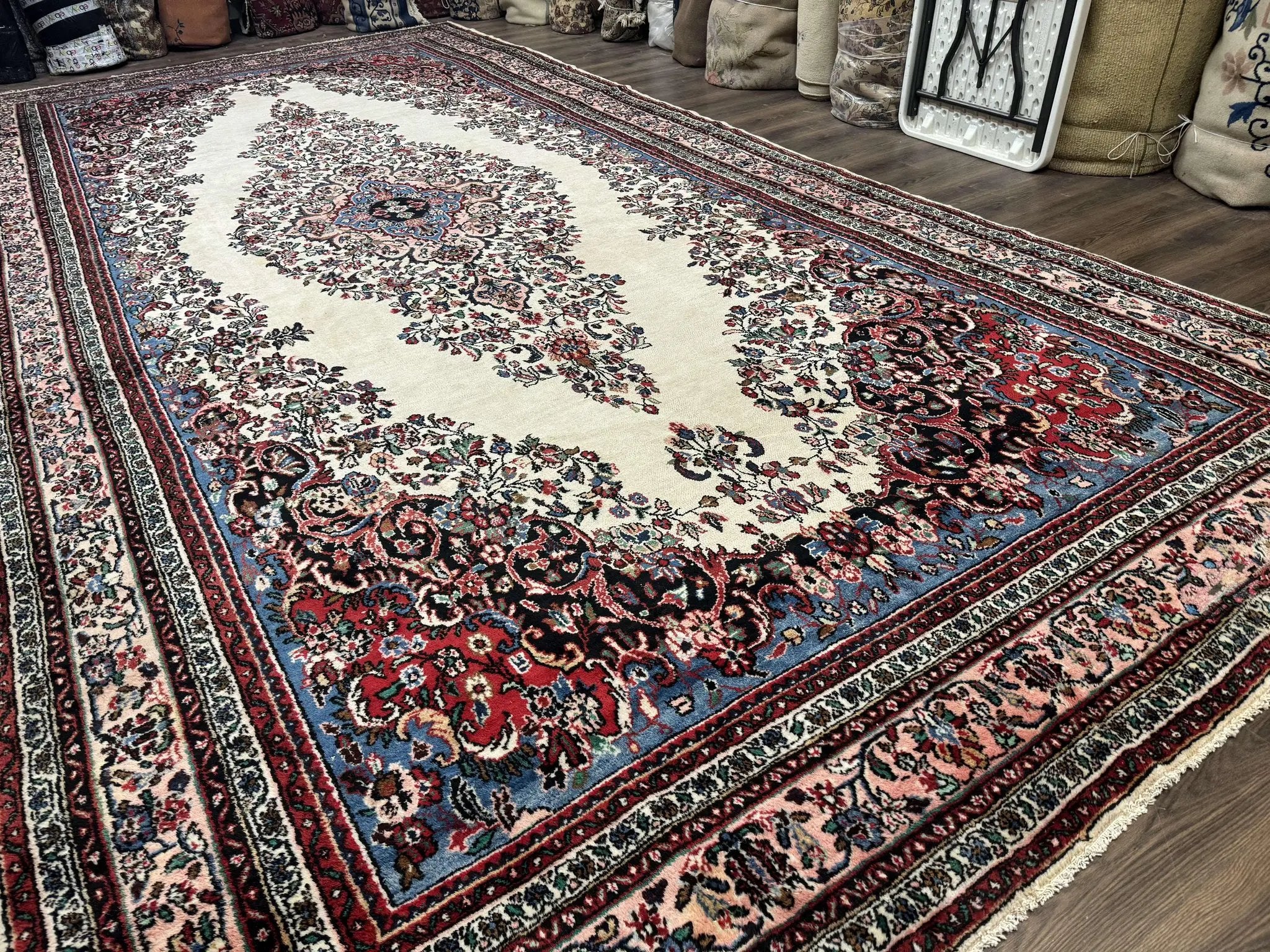 Palace Size Persian Rug 10 x 21 ft, Antique Hamadan Bibikabad Carpet, Handmade Antique Wool Oversized Rug, Ivory, Semi Open Field by Jewel Rugs