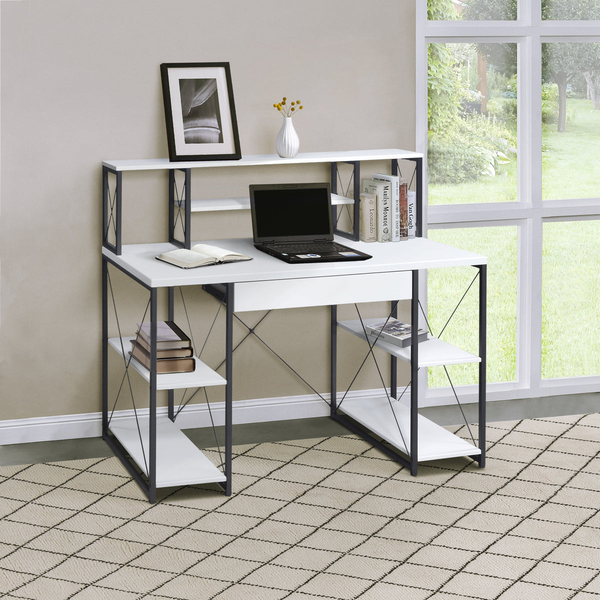 White and Black Recording Studio Desk with Drawer - Wood & Metal