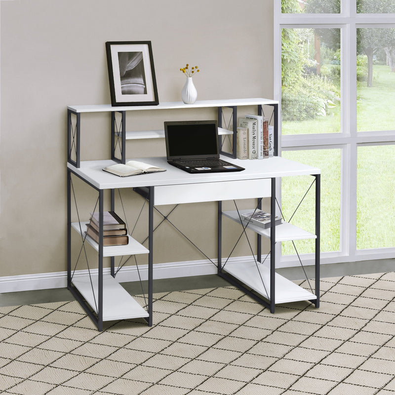 White and Black Recording Studio Desk with Drawer - Wood & Metal