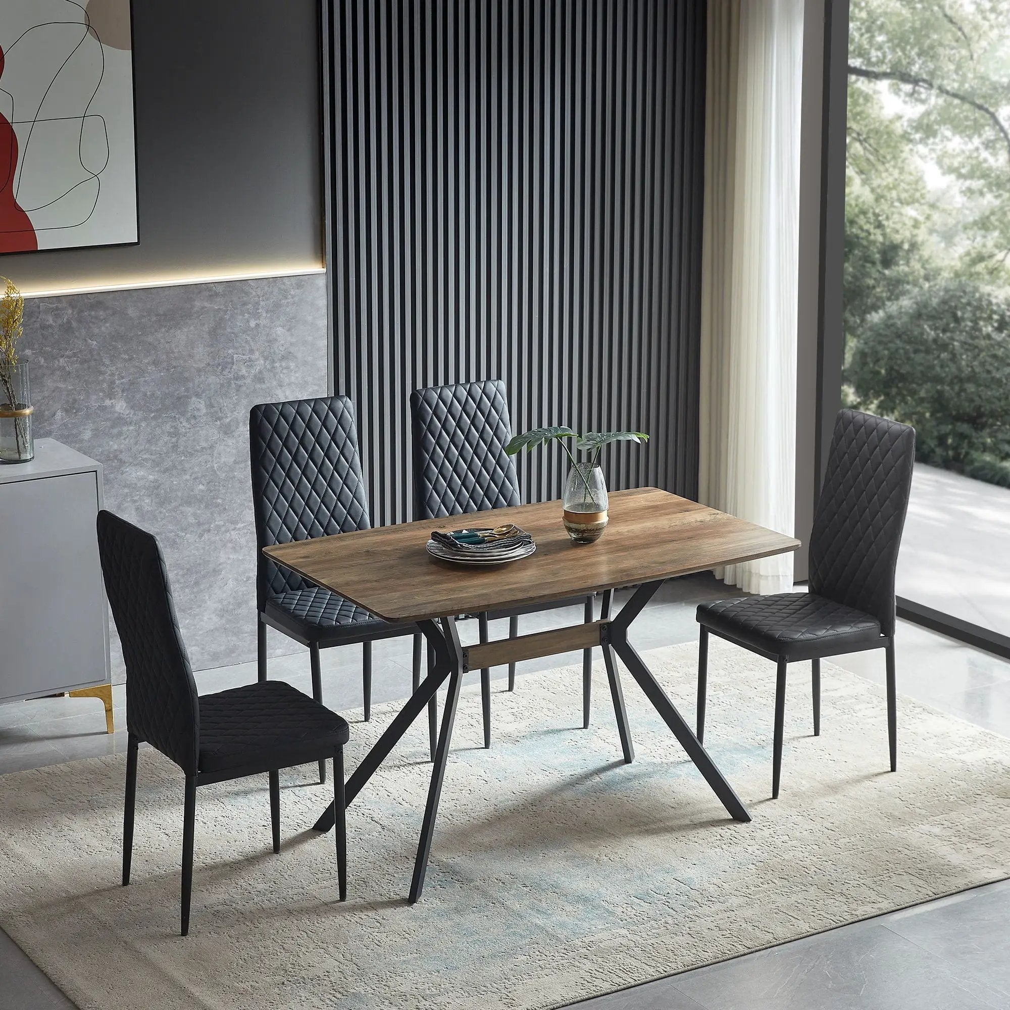 Modern Minimalist Style Dining Table MDF Wooden Top Metal Shelf Metal Heat Transfer Legs Leveling Feet For Dining Room Kitchen Office Table - Walnut / Black by Unique Piece Furniture