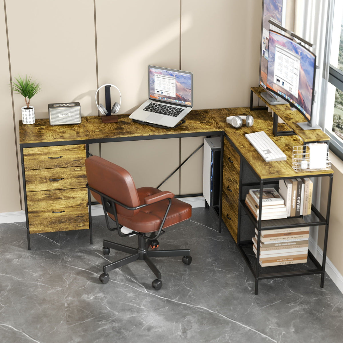 L Shaped Desk with Power Hub and 6 Drawers - Adjustable Monitor Stands - Brown, photo 2 of 14