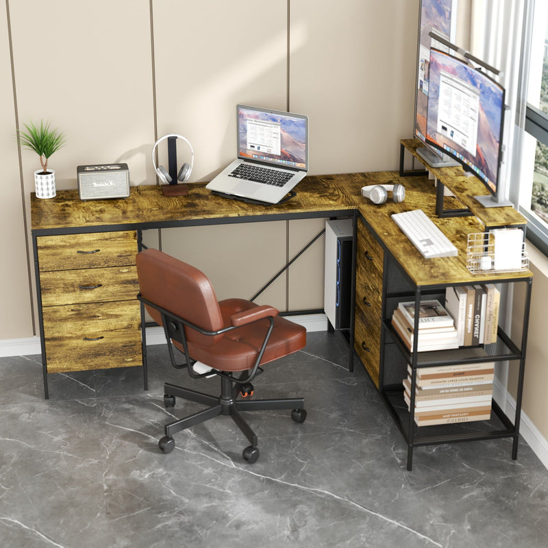 L Shaped Desk with Power Hub and 6 Drawers - Adjustable Monitor Stands - Brown, photo 2 of 14