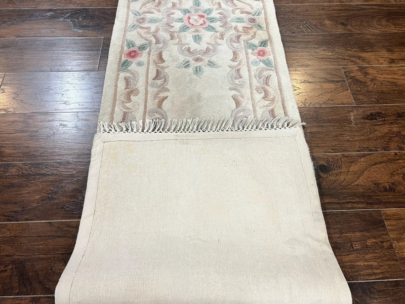 Chinese Aubusson Runner Rug 2.4 x 11, Hand Tufted Beige Floral European Design Hallway Rug, Elegant Rug, Vintage Wool Rug 11ft Long by Jewel Rugs