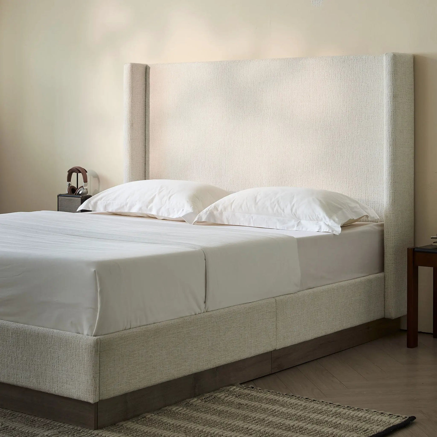 Hosford - Minimalist Upholstered Wingback Bed With Wood Base Platform by HouseOfZazla