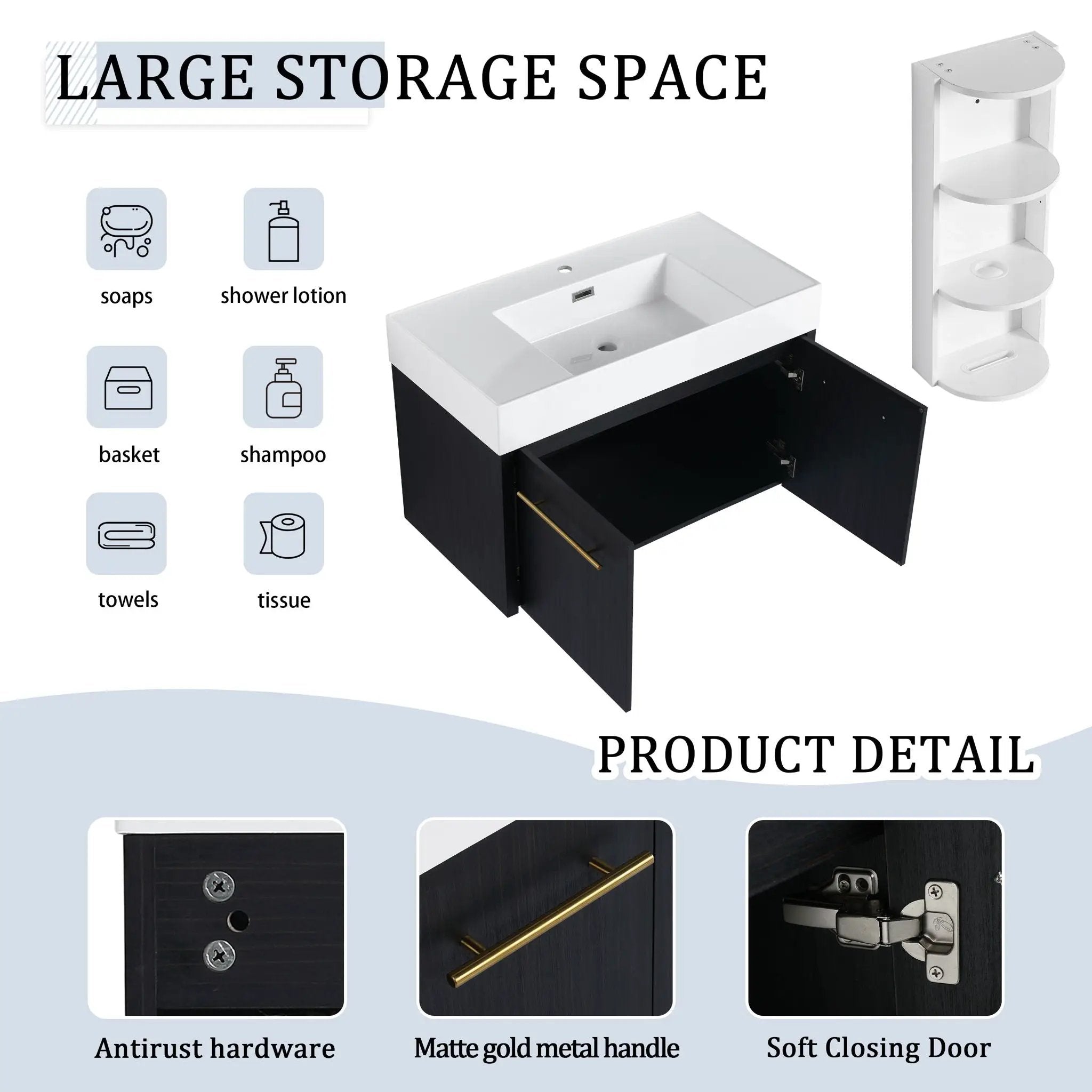 Modern Wall Mounted Bathroom Vanity With Thick Edge Resin Sink And Storage Rack by Unique Piece Furniture