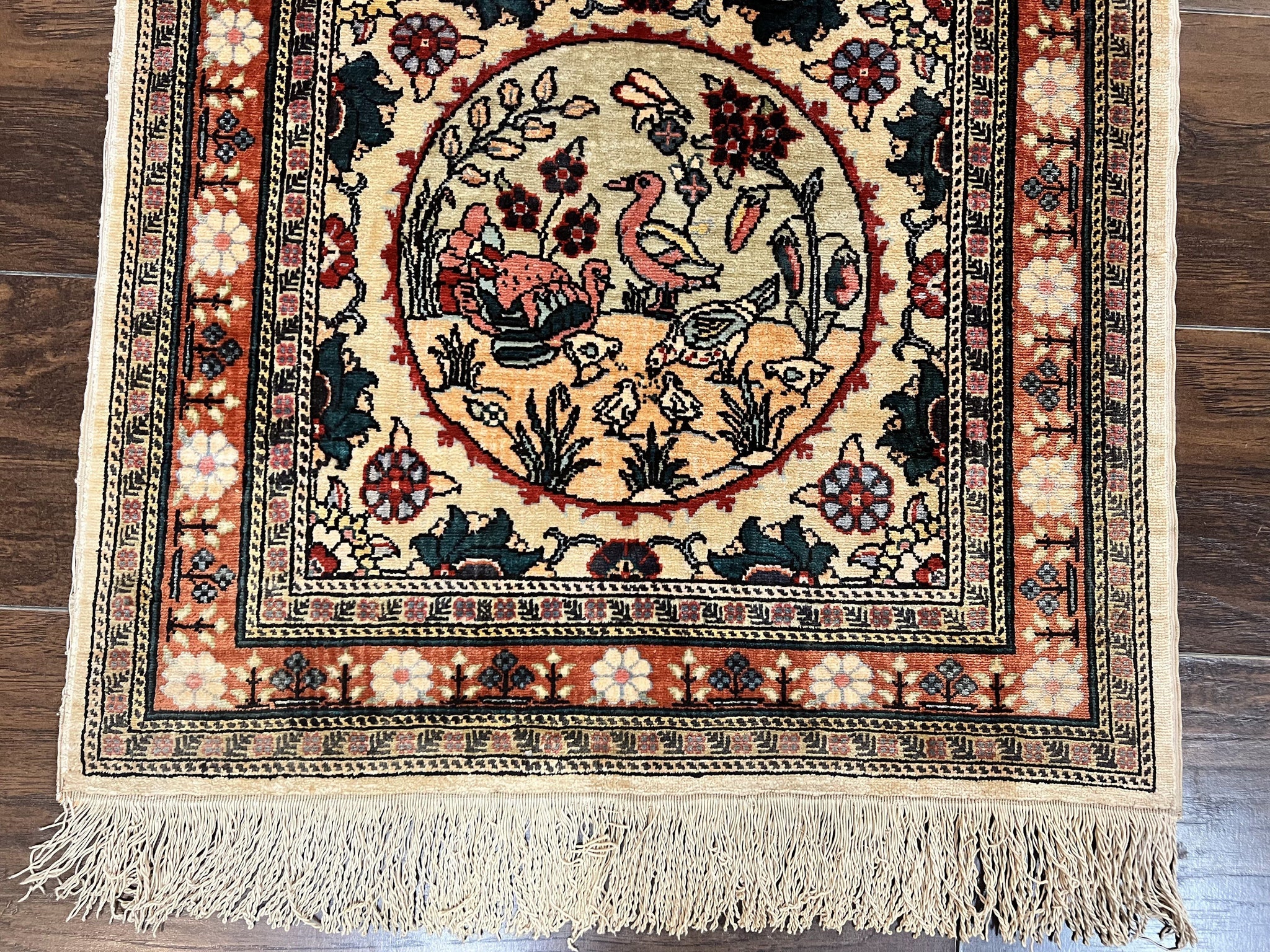 Silk Turkish Rug 2x4, Fine Handmade Oriental Rug, Animal Pictorial Birds Silk Pile on Silk Foundation Vintage Hand Knotted Hereke Carpet by Jewel Rugs