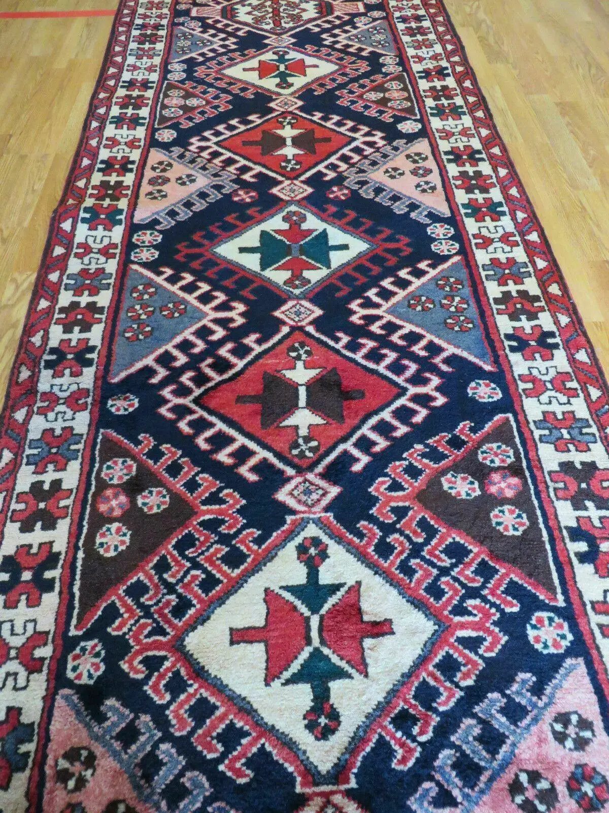 Persian Runner Rug 3.5 x 10.7, Karajeh Heriz Rug, Navy Blue, Geometric Medallions by Jewel Rugs