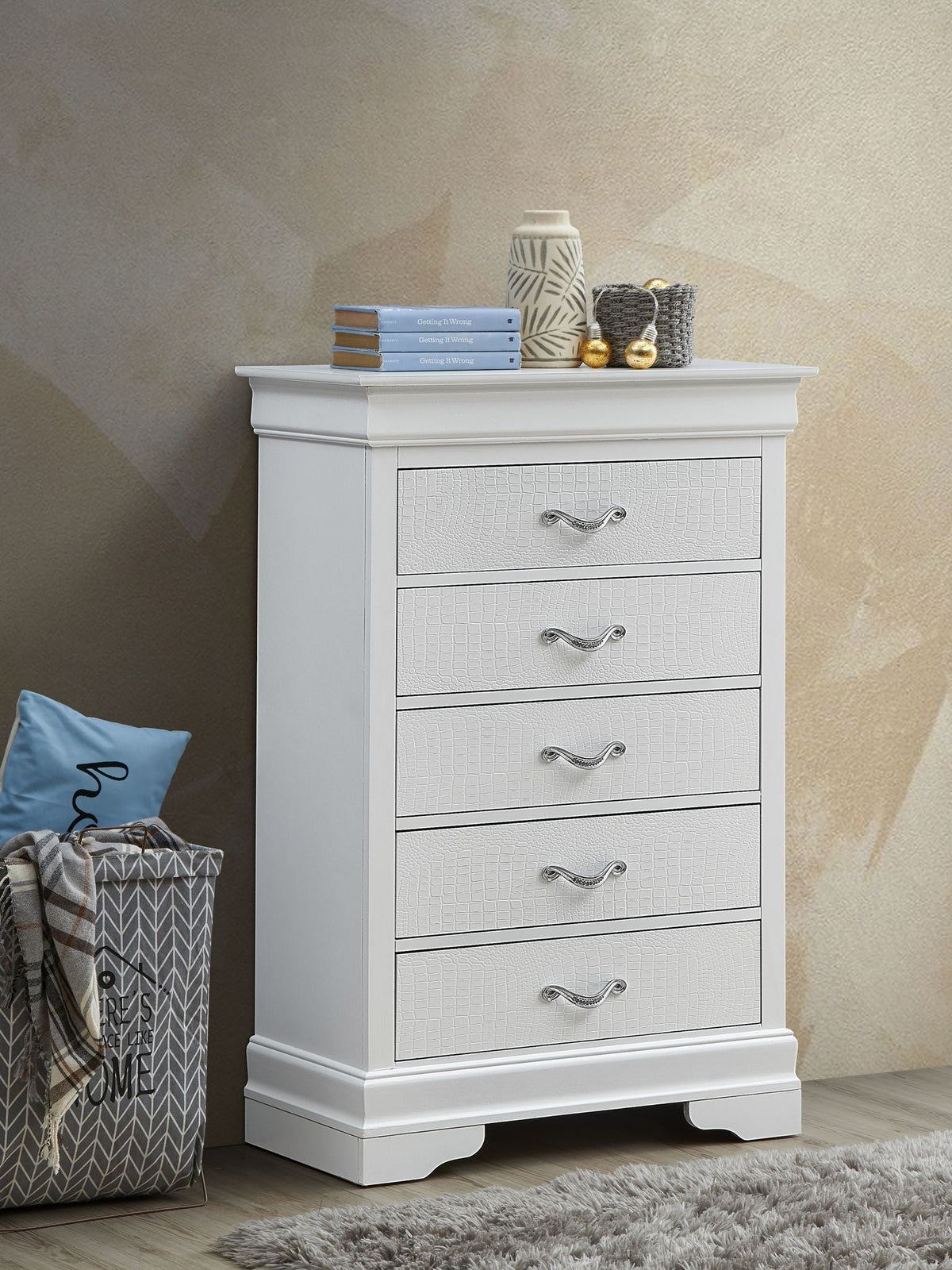 Accent Chest with Embossed Textured Finish and Faux Crystal Pulls - Gray or Pearl Silver