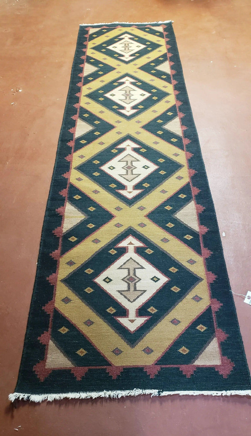 Vintage Indian Kilim Runner Rug, Geometric Flatweave Hand-Knotted Wool Kitchen Hallway Runner, Black Gold & Beige, 2' 8" x 9' 9" by Jewel Rugs