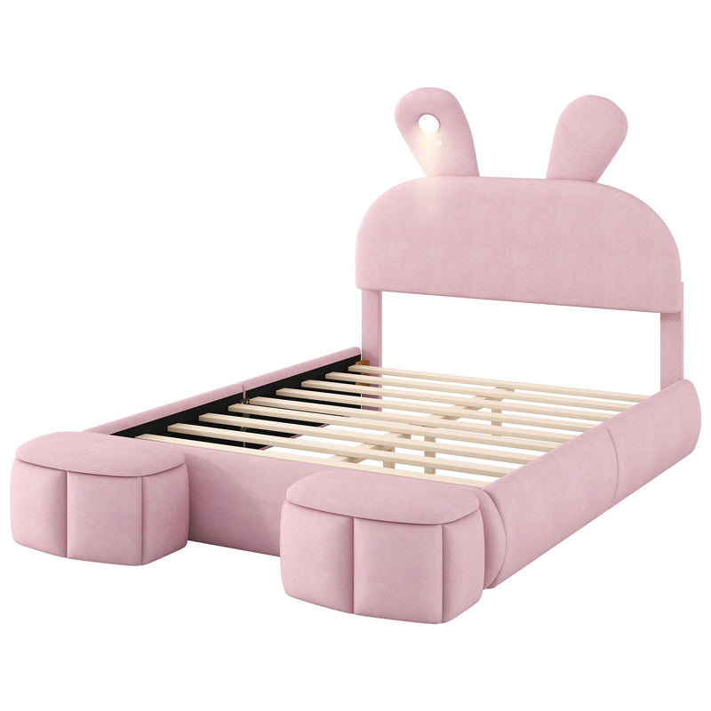 Full Upholstered Platform Bed With Cartoon Ears Headboard And LED Light - Pink by HouseOfZazla