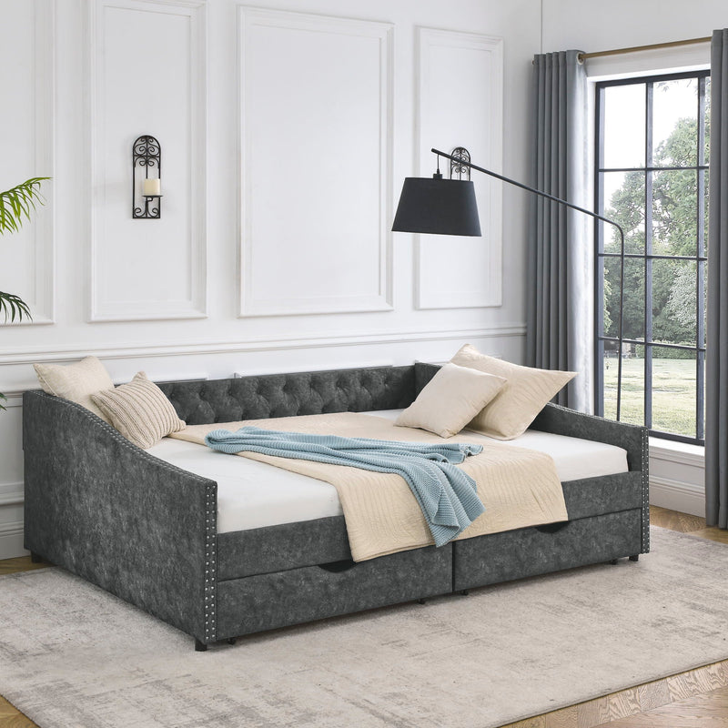 Upholstered Tufted Daybed With 2 Drawers, Waved Arms by Unique Piece Furniture