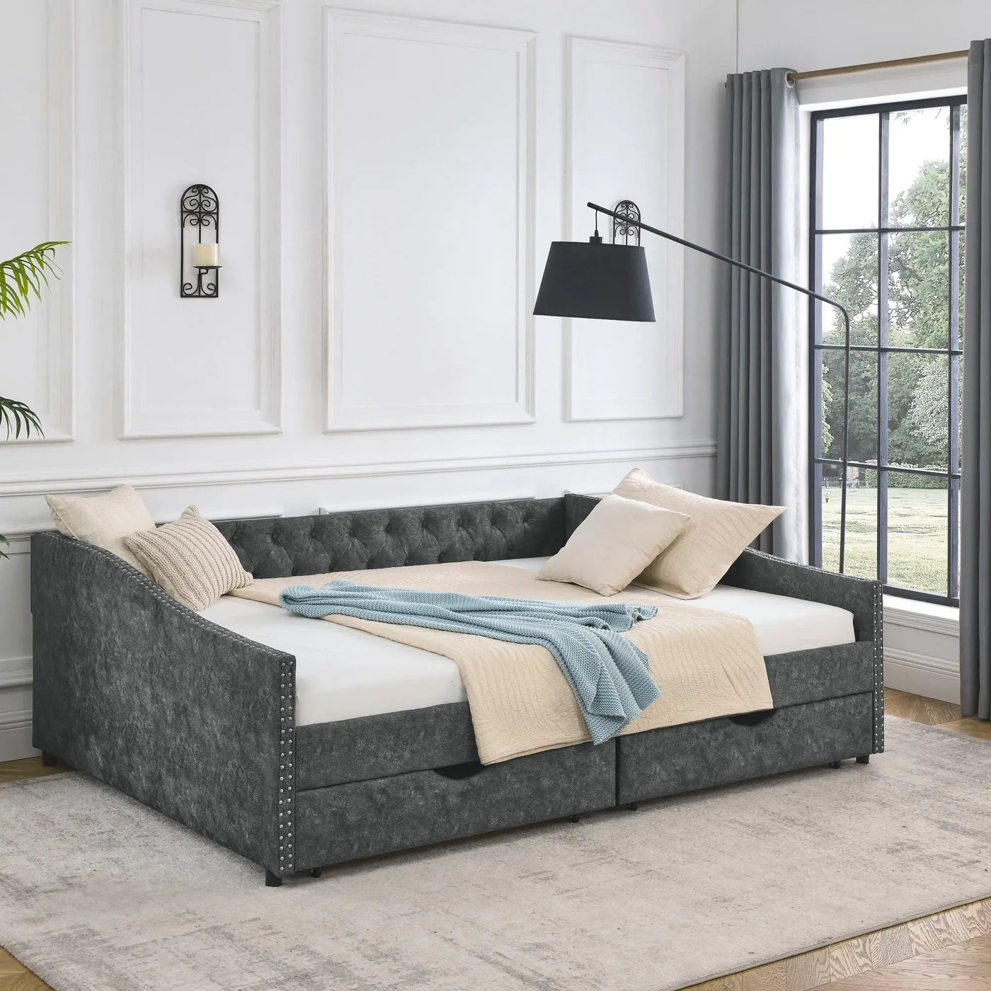 Upholstered Tufted Daybed With Drawers, Waved Arms by HouseOfZazla