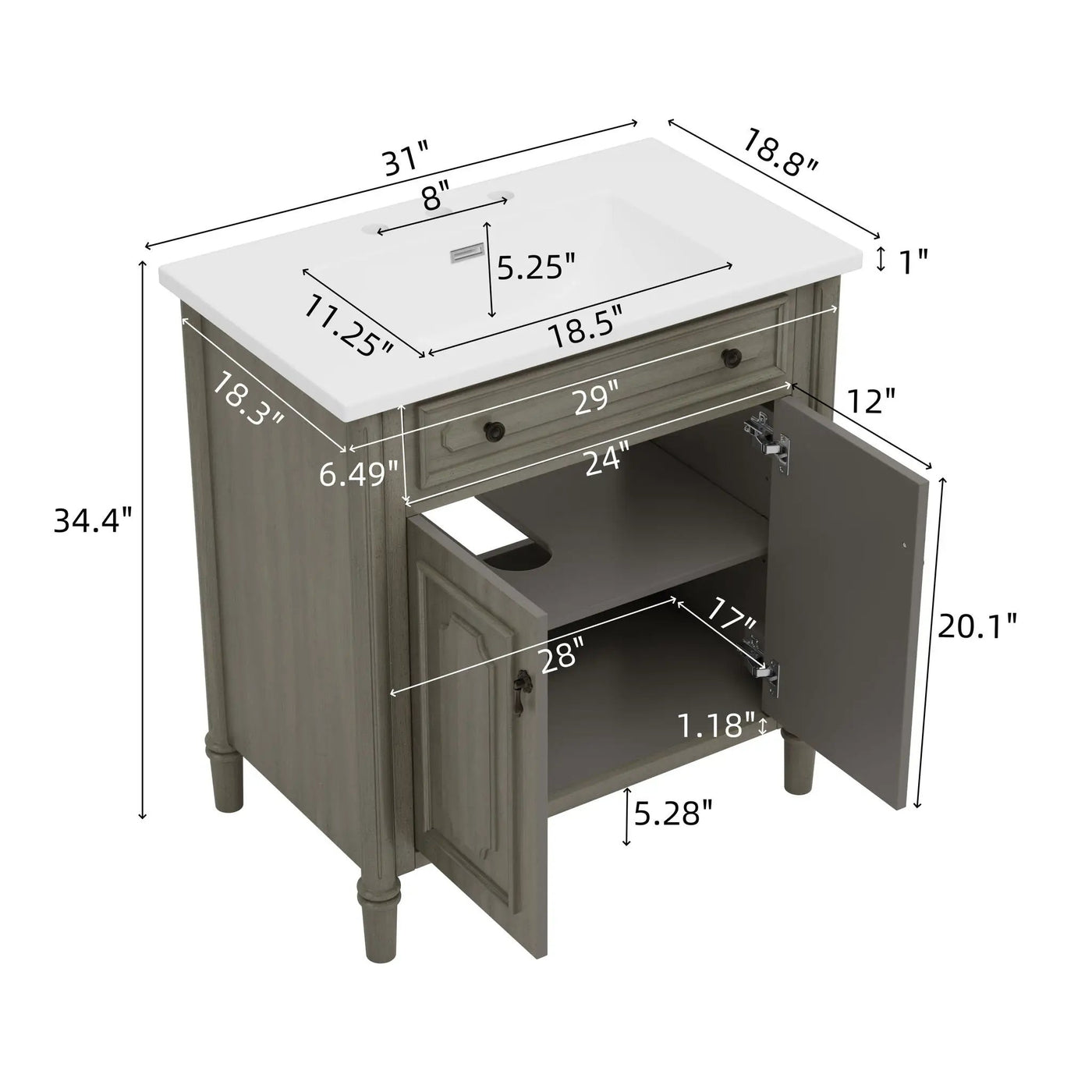 Vintage Bathroom Vanity With Sink, Rustic Cabinet With Soft Close Doors by HouseOfZazla