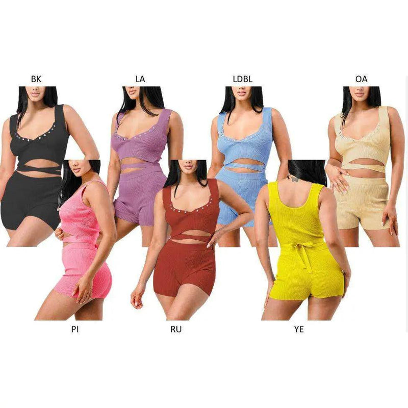 LUXURY KNIT WAIST TIED CROP TOP & SHORT SET by Selzalot