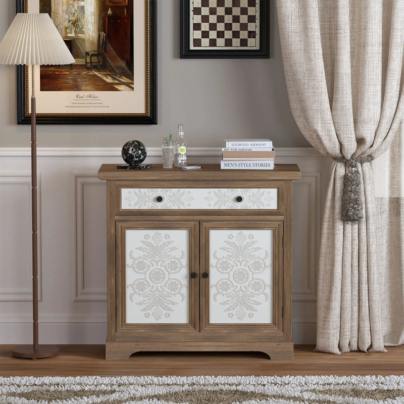 Accent Cabinet With Carved Floral Panels, Sideboard With Drawer And Double Doors - Antique Brown / White by Unique Piece Furniture