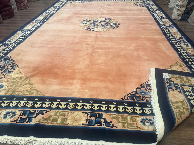 Chinese Wool Rug 11x18, Palace Sized Chinese Carpet, Peking Rug, Peach and Blue, Open Field, Simple Design, Art Deco Rug, Large Handmade Rug by Jewel Rugs