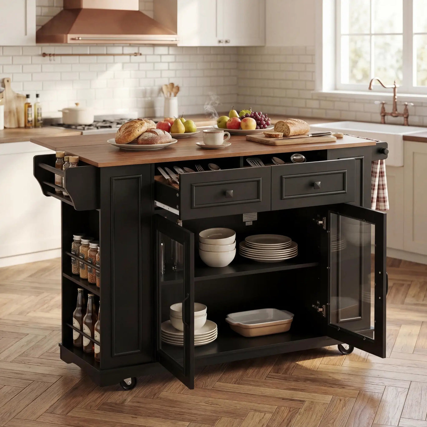 54" Mobile Kitchen Island with Glass Door Storage, Power Outlet & Rolling Cart by HouseOfZazla