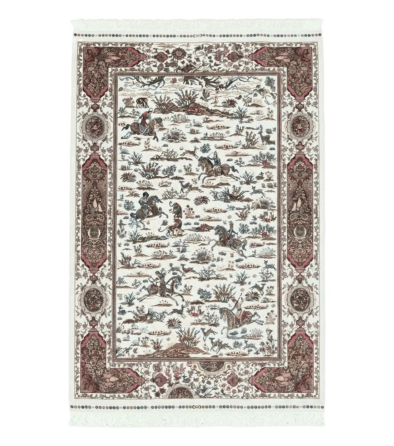 Turkish Silk Rug 5x8, Ivory, Hunting Design, Animal Pictorials, Bamboo Silk by Jewel Rugs