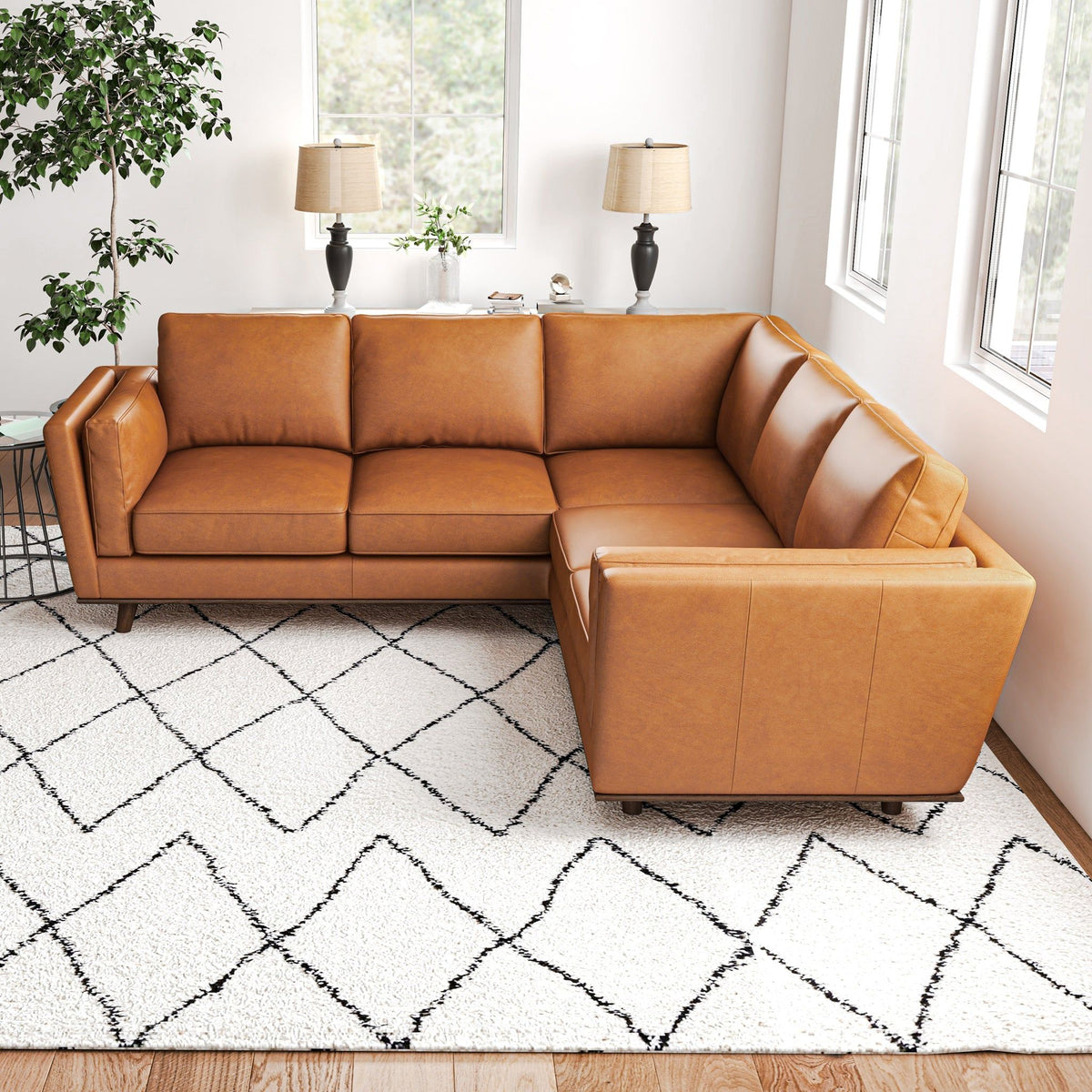 Tan Leather Corner Sectional Sofa with Eucalyptus Wood Frame - Tan, photo 2 of 10