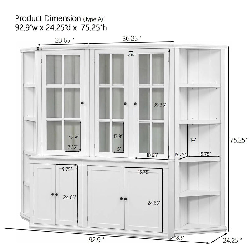 Retro Style Wall Suit With Glass Doors, 75.25" Tall Display Cabinets & Triangle Sided Bookshelves - White by HouseOfZazla