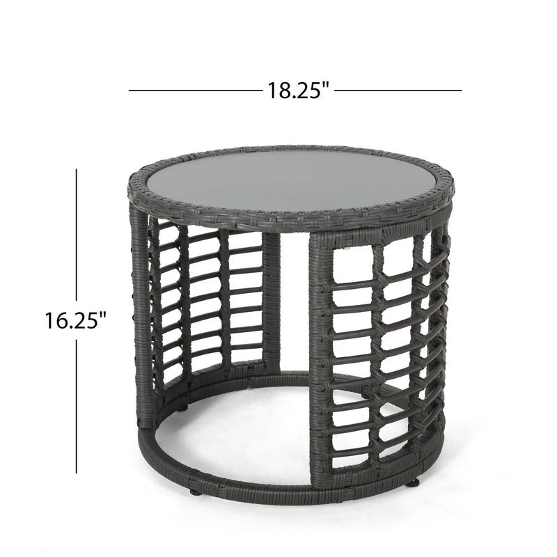 Achill Outdoor Modern Boho Wicker Side Table With Glass Top - Gray by HouseOfZazla