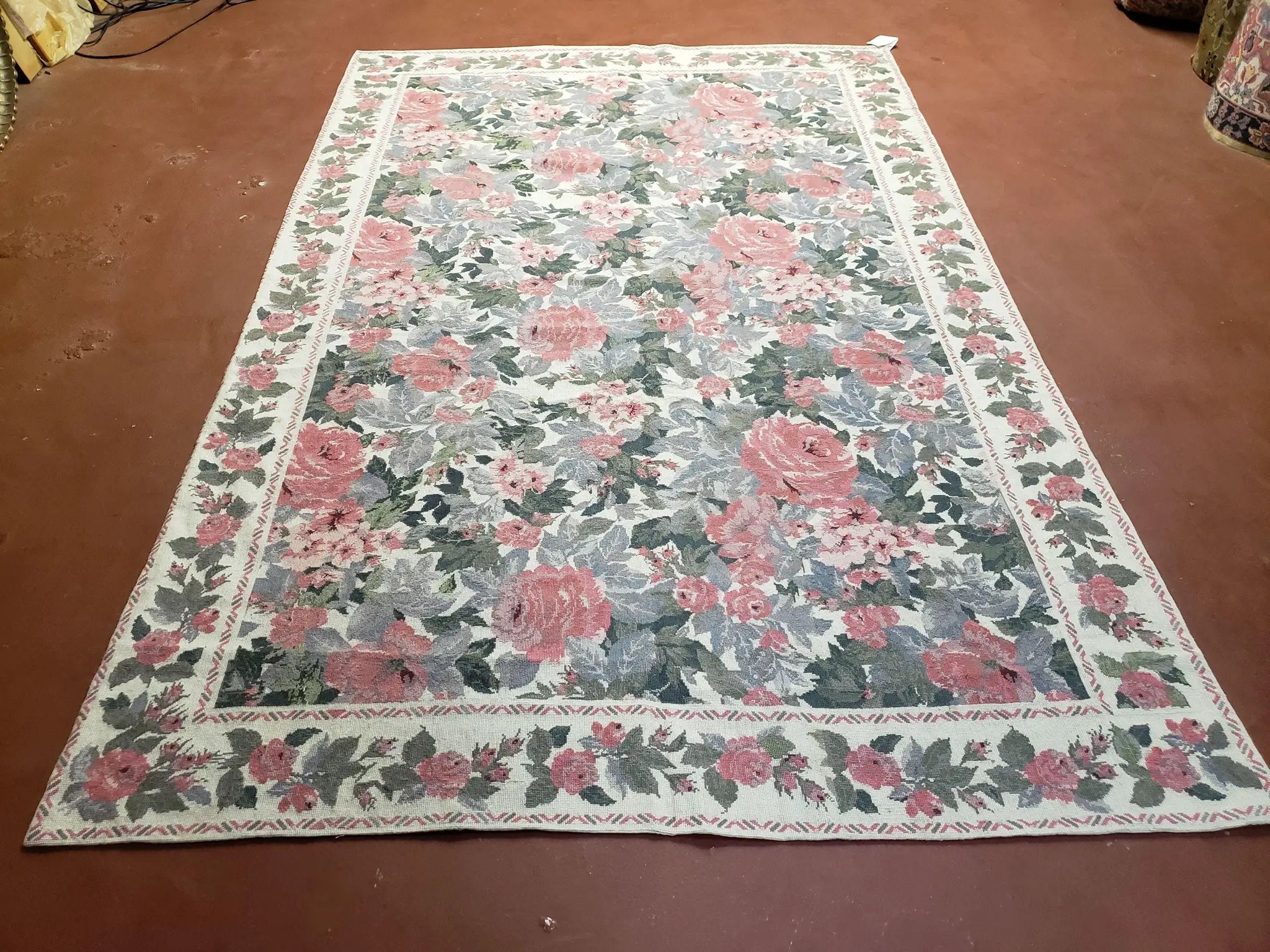 5x8 Needlepoint Rug 5' 4" x 8' 3" Wool Flat Weave Floral New Unused Carpet English Design Ivory Large Pink Flowers Green Leaves Hand-Knotted by Jewel Rugs
