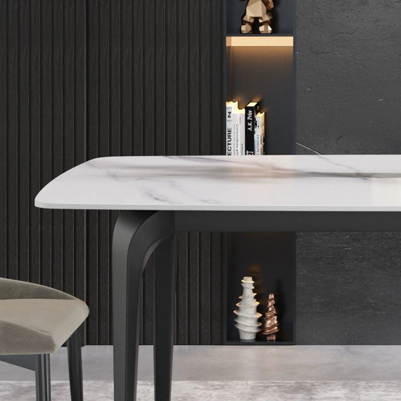 70.87" Modern Artificial Stone Curved Black Metal Leg Dining Table, Can Accommodate 6-8 People - White / Black by Unique Piece Furniture