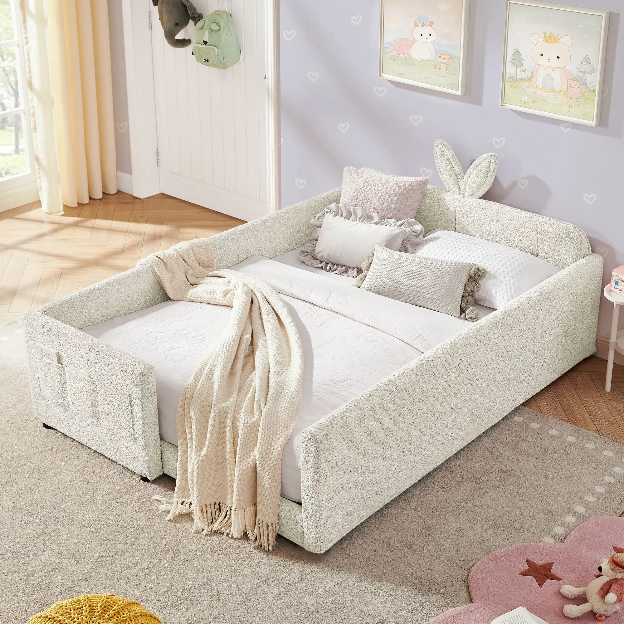 Cute Rabbit Ear Upholstered Platform Bed Frame With Safety Rail by Unique Piece Furniture